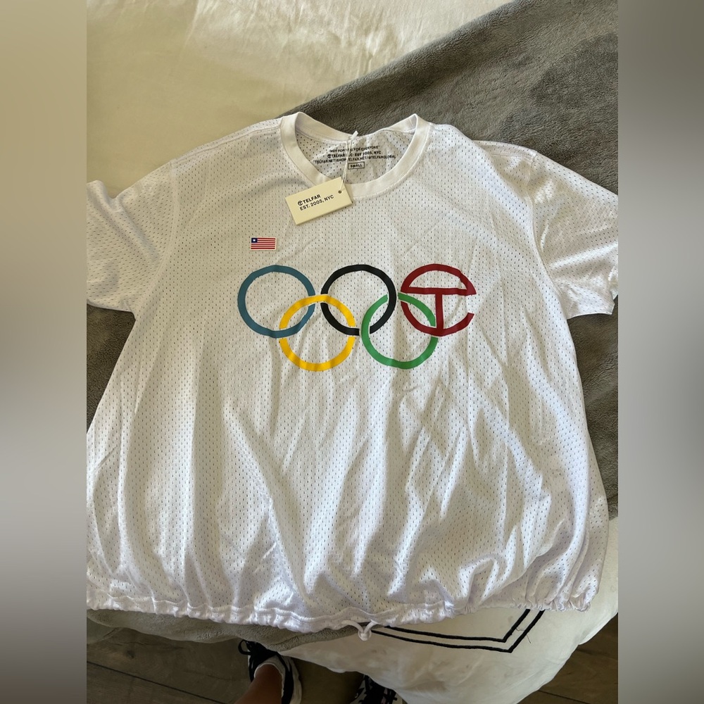TELFAR Global Olympic Rings Jersey crew neck white cinch shirt Small *RARE*
